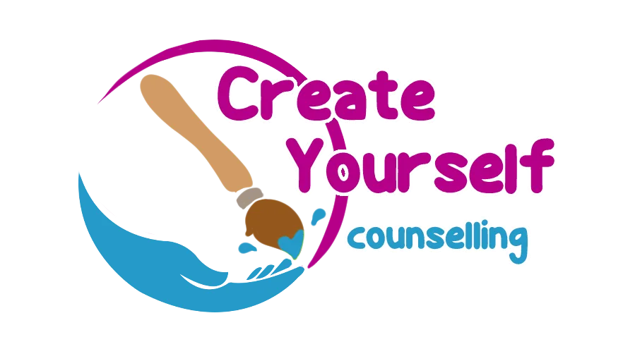 Logo of create yourself counselling, of a paintbrust painting a blue hand